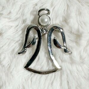 🎄Silver Tone Angel Pin with Faux Pearl and Rhinestone
